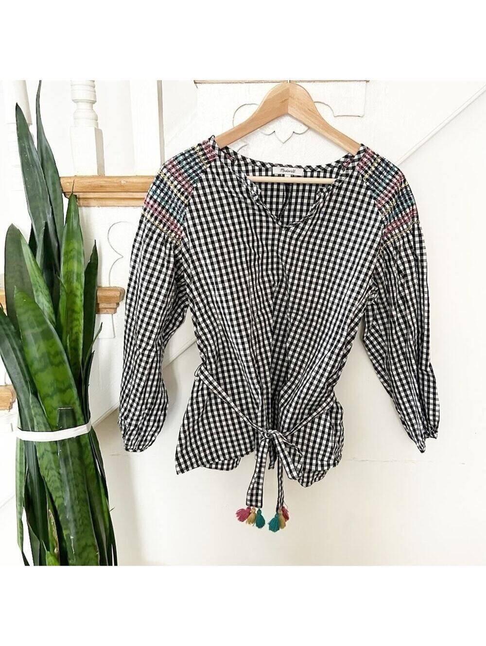 Madewell Black White Balloon Sleeve Tie Waist Smocked Gingham Top Size M
